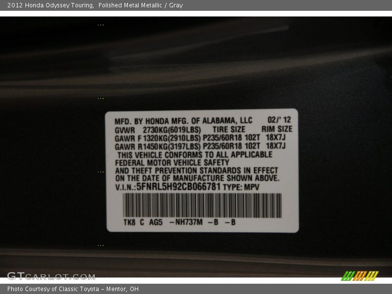 Polished Metal Metallic / Gray 2012 Honda Odyssey Touring