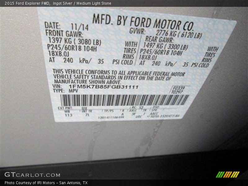 Ingot Silver / Medium Light Stone 2015 Ford Explorer FWD