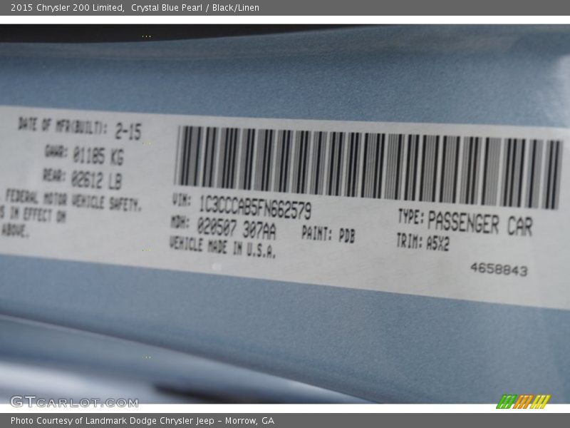 Crystal Blue Pearl / Black/Linen 2015 Chrysler 200 Limited