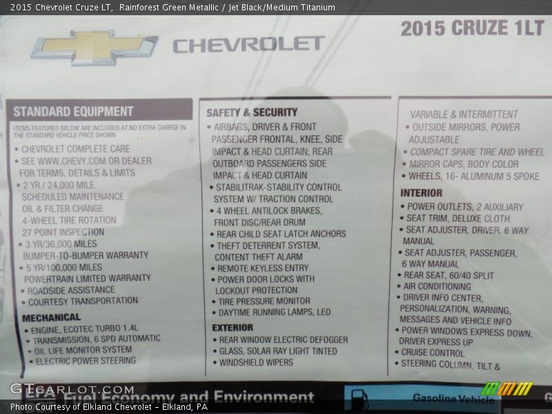 Rainforest Green Metallic / Jet Black/Medium Titanium 2015 Chevrolet Cruze LT