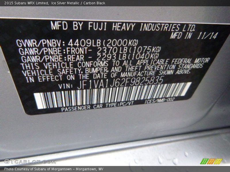 Ice Silver Metallic / Carbon Black 2015 Subaru WRX Limited