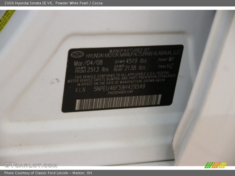Powder White Pearl / Cocoa 2009 Hyundai Sonata SE V6