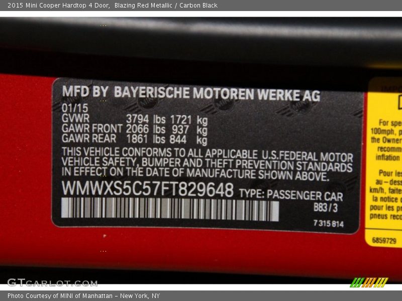 Blazing Red Metallic / Carbon Black 2015 Mini Cooper Hardtop 4 Door