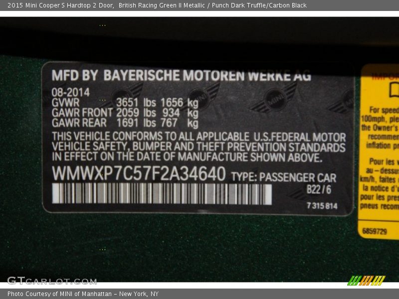 2015 Cooper S Hardtop 2 Door British Racing Green II Metallic Color Code B22