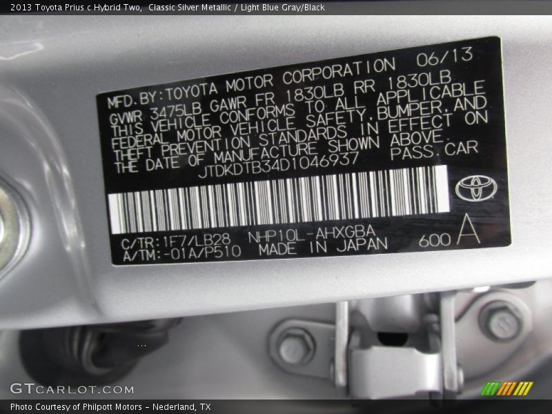 2013 Prius c Hybrid Two Classic Silver Metallic Color Code 1F7