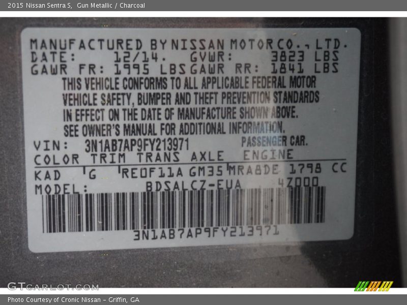 2015 Sentra S Gun Metallic Color Code KAD