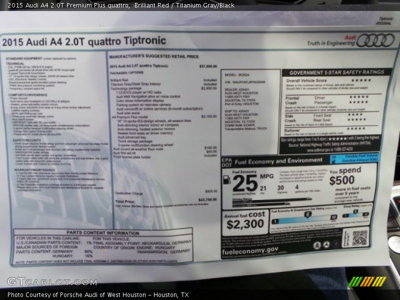Brilliant Red / Titanium Gray/Black 2015 Audi A4 2.0T Premium Plus quattro