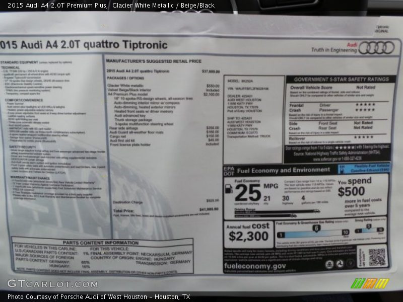  2015 A4 2.0T Premium Plus Window Sticker