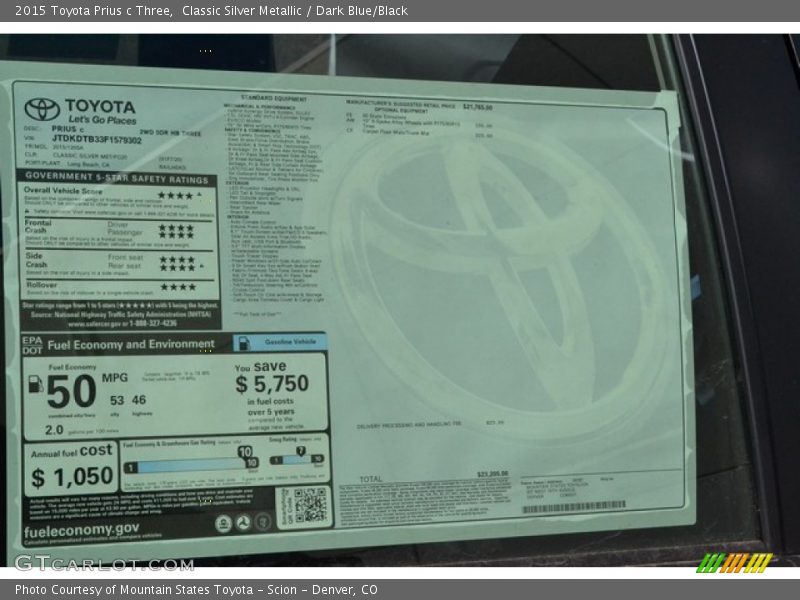 Classic Silver Metallic / Dark Blue/Black 2015 Toyota Prius c Three