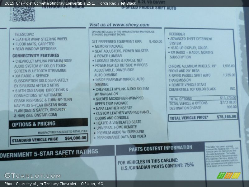  2015 Corvette Stingray Convertible Z51 Window Sticker