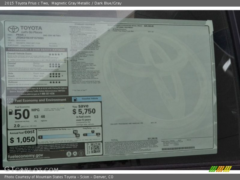 Magnetic Gray Metallic / Dark Blue/Gray 2015 Toyota Prius c Two