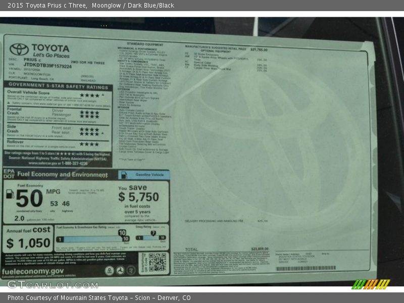 Moonglow / Dark Blue/Black 2015 Toyota Prius c Three