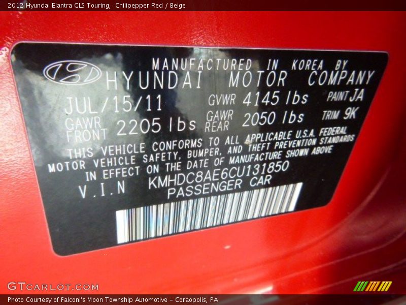 Chilipepper Red / Beige 2012 Hyundai Elantra GLS Touring