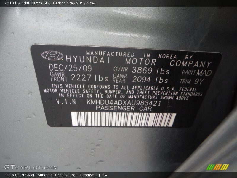 Carbon Gray Mist / Gray 2010 Hyundai Elantra GLS
