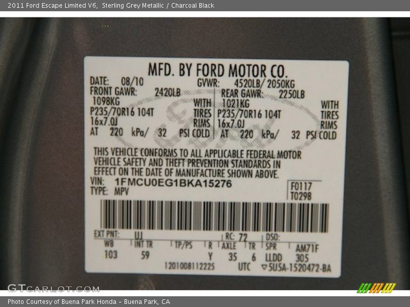 Sterling Grey Metallic / Charcoal Black 2011 Ford Escape Limited V6