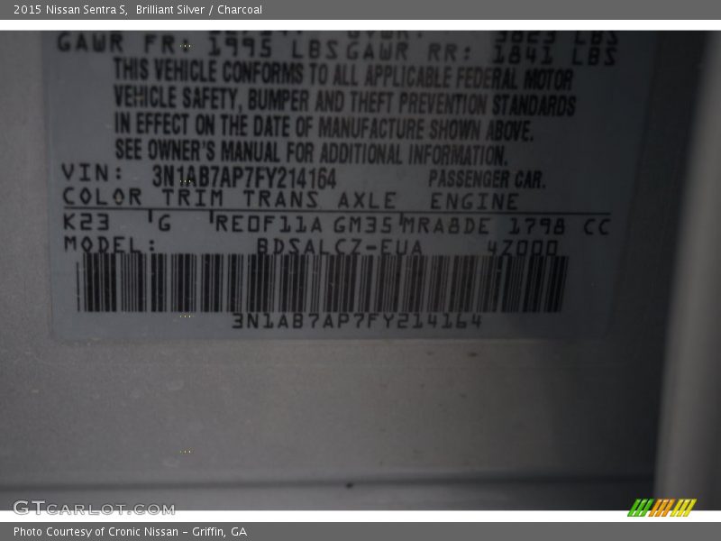 2015 Sentra S Brilliant Silver Color Code K23