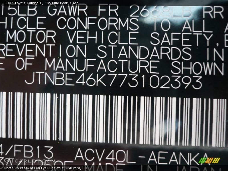Sky Blue Pearl / Ash 2007 Toyota Camry LE
