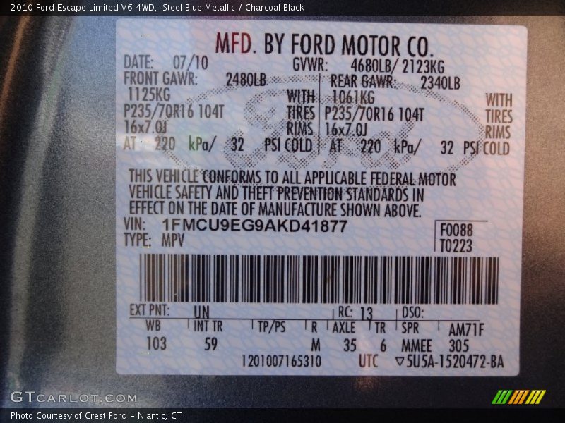 Steel Blue Metallic / Charcoal Black 2010 Ford Escape Limited V6 4WD