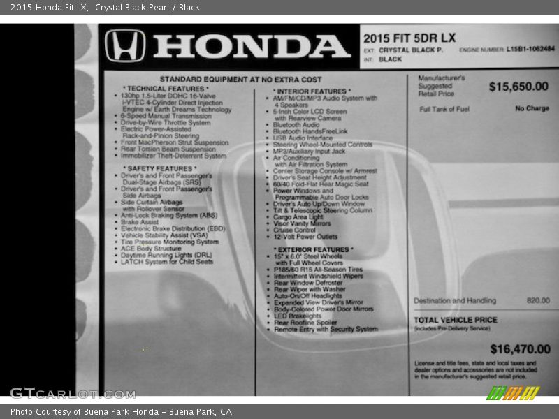 Crystal Black Pearl / Black 2015 Honda Fit LX