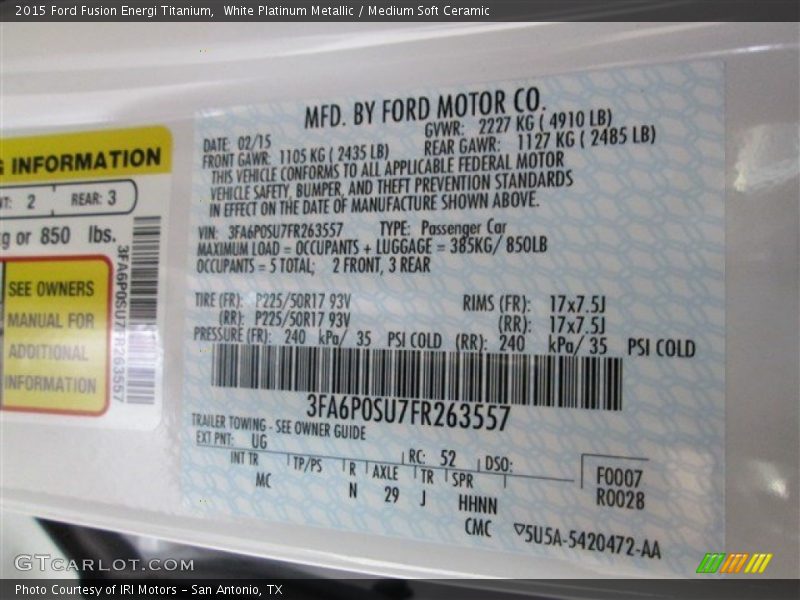 White Platinum Metallic / Medium Soft Ceramic 2015 Ford Fusion Energi Titanium