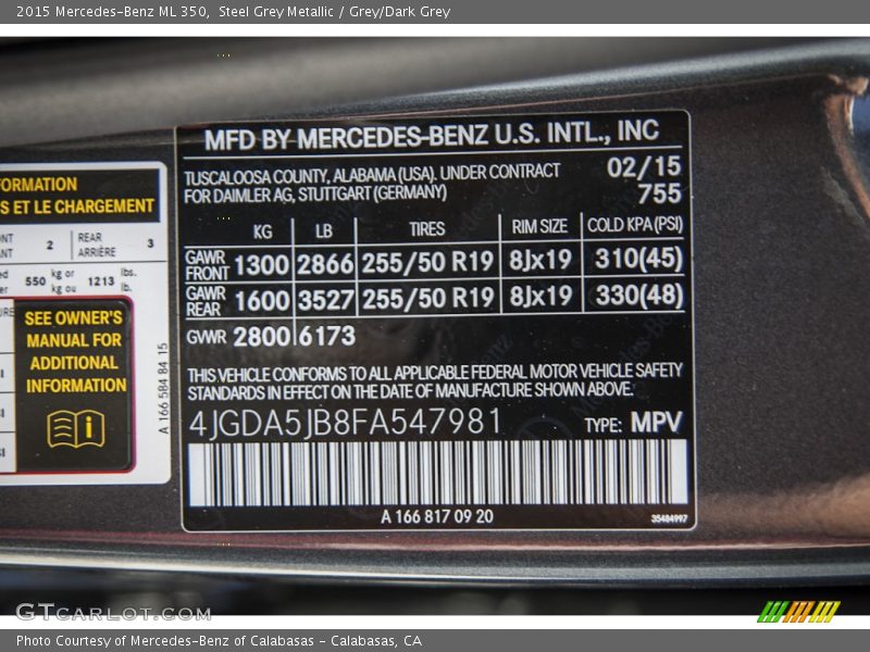 Steel Grey Metallic / Grey/Dark Grey 2015 Mercedes-Benz ML 350