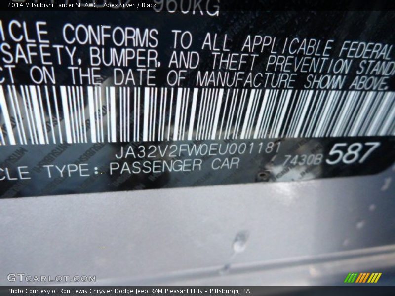 Apex Silver / Black 2014 Mitsubishi Lancer SE AWC