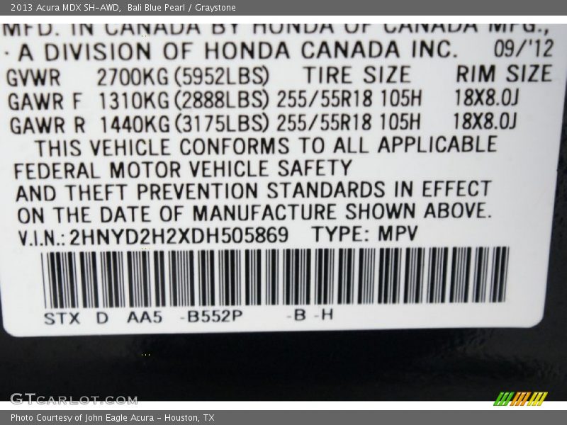 Bali Blue Pearl / Graystone 2013 Acura MDX SH-AWD