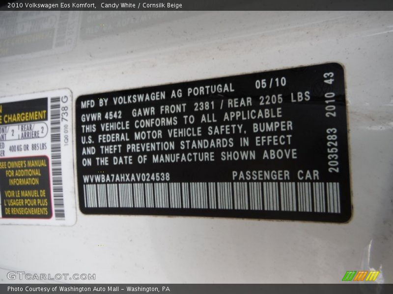 Candy White / Cornsilk Beige 2010 Volkswagen Eos Komfort