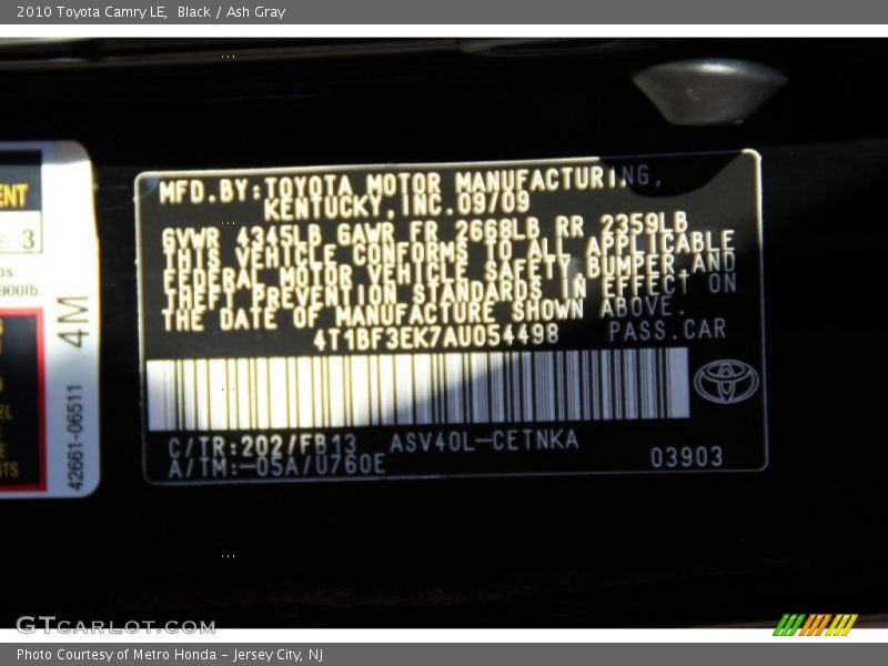 Black / Ash Gray 2010 Toyota Camry LE