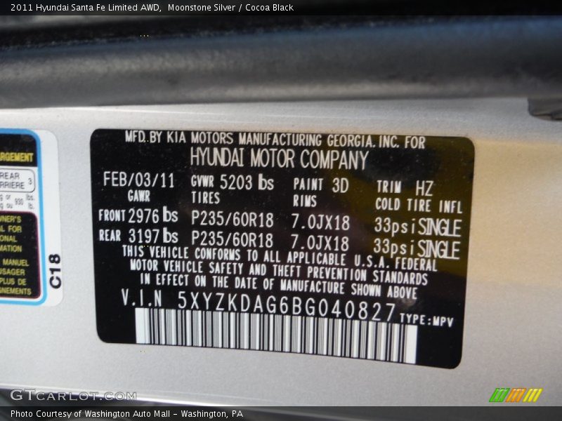 Moonstone Silver / Cocoa Black 2011 Hyundai Santa Fe Limited AWD
