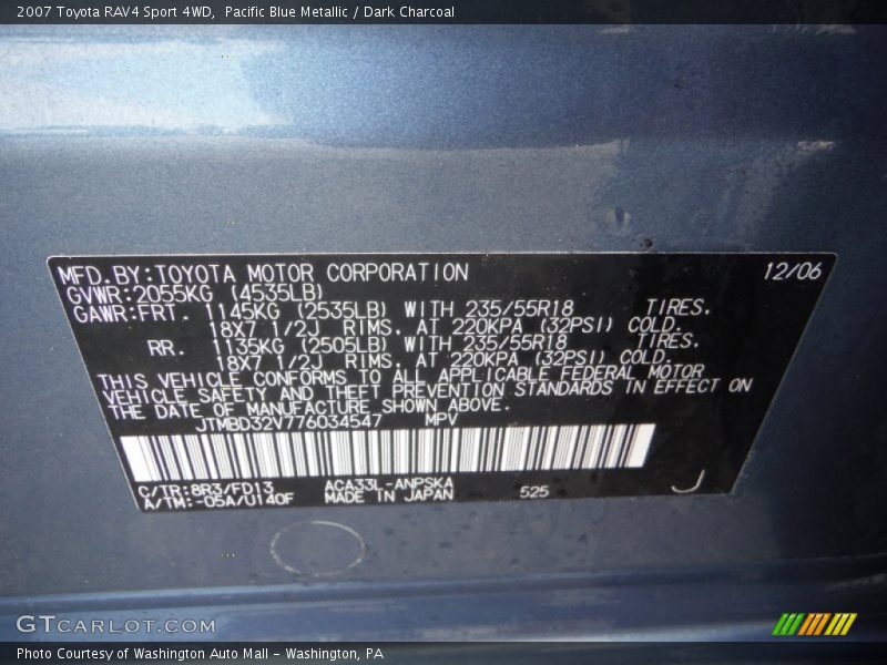 Pacific Blue Metallic / Dark Charcoal 2007 Toyota RAV4 Sport 4WD