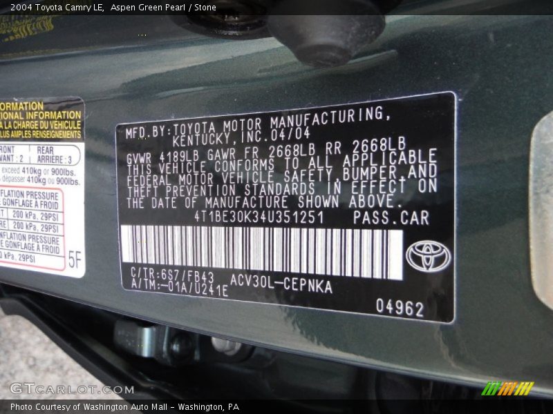 Aspen Green Pearl / Stone 2004 Toyota Camry LE