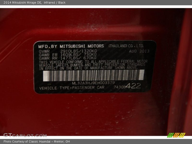 Infrared / Black 2014 Mitsubishi Mirage DE