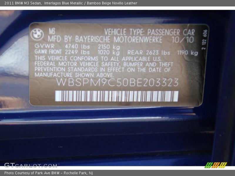 Interlagos Blue Metallic / Bamboo Beige Novillo Leather 2011 BMW M3 Sedan