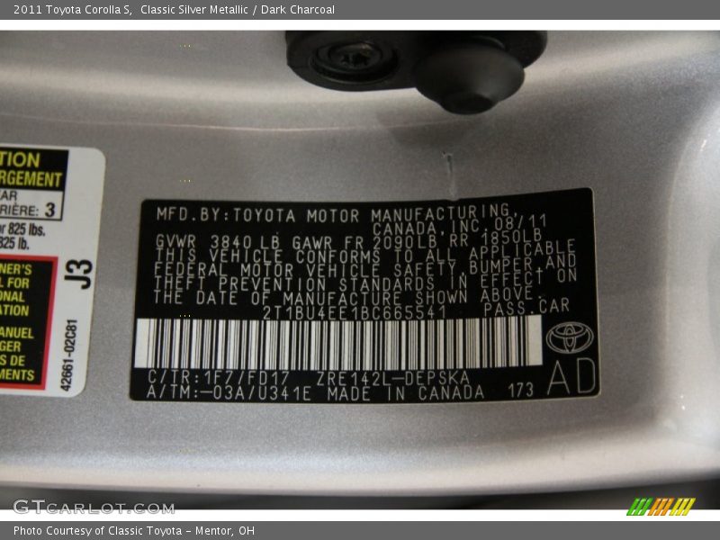 Classic Silver Metallic / Dark Charcoal 2011 Toyota Corolla S