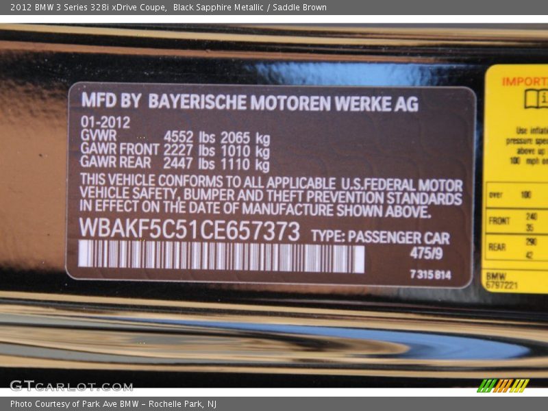 Black Sapphire Metallic / Saddle Brown 2012 BMW 3 Series 328i xDrive Coupe