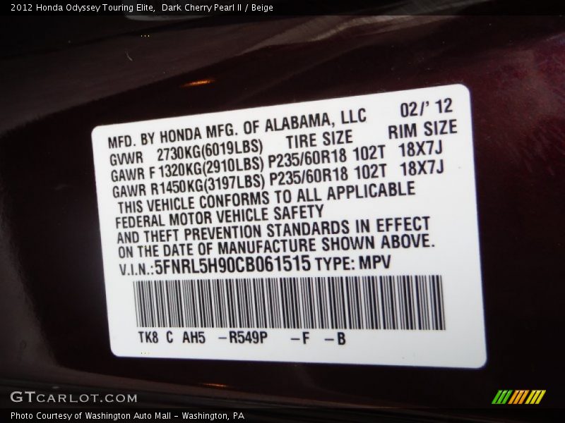 Dark Cherry Pearl II / Beige 2012 Honda Odyssey Touring Elite