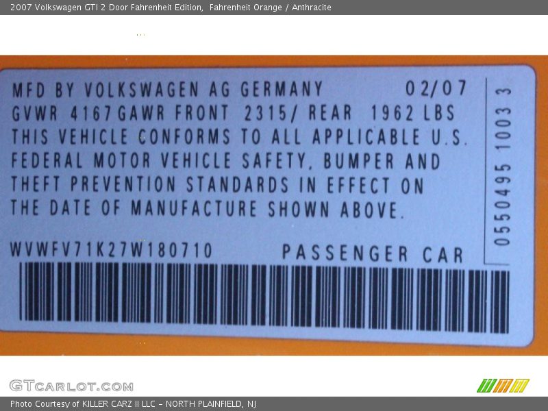 Fahrenheit Orange / Anthracite 2007 Volkswagen GTI 2 Door Fahrenheit Edition