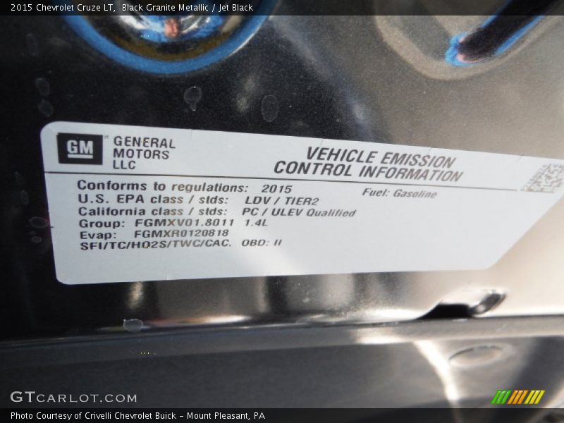 Black Granite Metallic / Jet Black 2015 Chevrolet Cruze LT