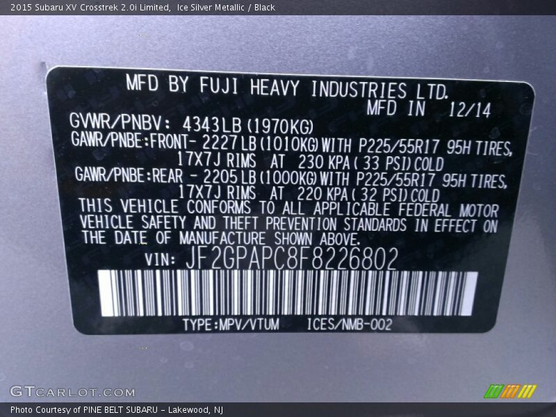 Ice Silver Metallic / Black 2015 Subaru XV Crosstrek 2.0i Limited