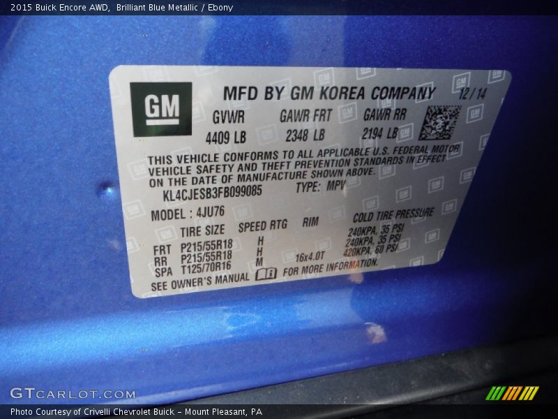 Brilliant Blue Metallic / Ebony 2015 Buick Encore AWD