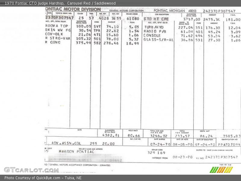 Info Tag of 1970 GTO Judge Hardtop