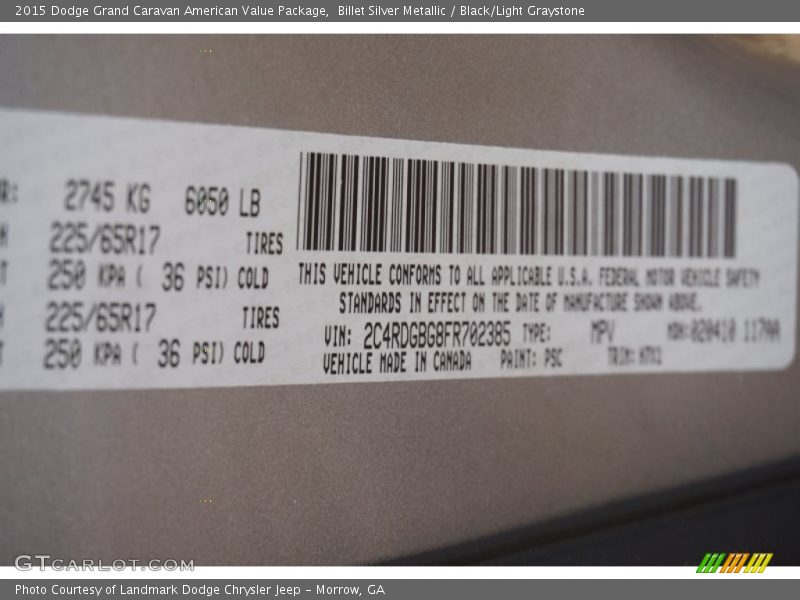 Billet Silver Metallic / Black/Light Graystone 2015 Dodge Grand Caravan American Value Package