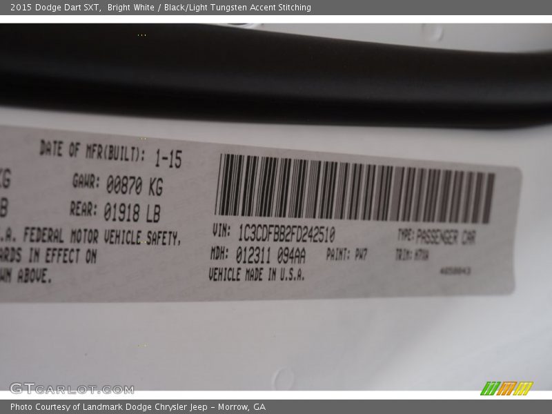 Bright White / Black/Light Tungsten Accent Stitching 2015 Dodge Dart SXT