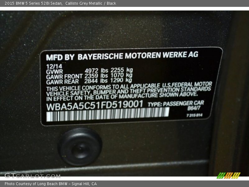 Callisto Grey Metallic / Black 2015 BMW 5 Series 528i Sedan
