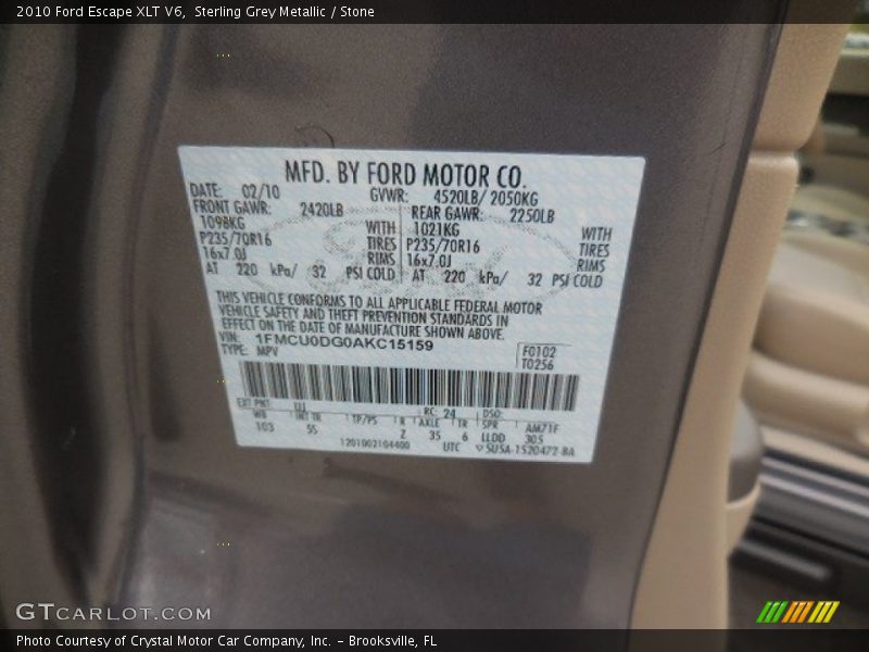 Sterling Grey Metallic / Stone 2010 Ford Escape XLT V6