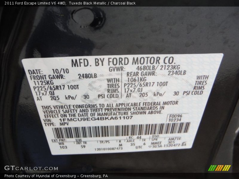 Tuxedo Black Metallic / Charcoal Black 2011 Ford Escape Limited V6 4WD