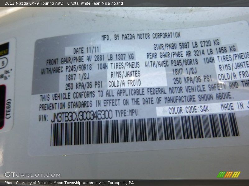 Crystal White Pearl Mica / Sand 2012 Mazda CX-9 Touring AWD