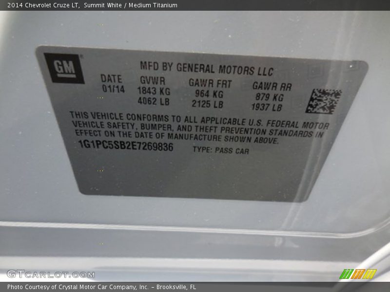 Summit White / Medium Titanium 2014 Chevrolet Cruze LT