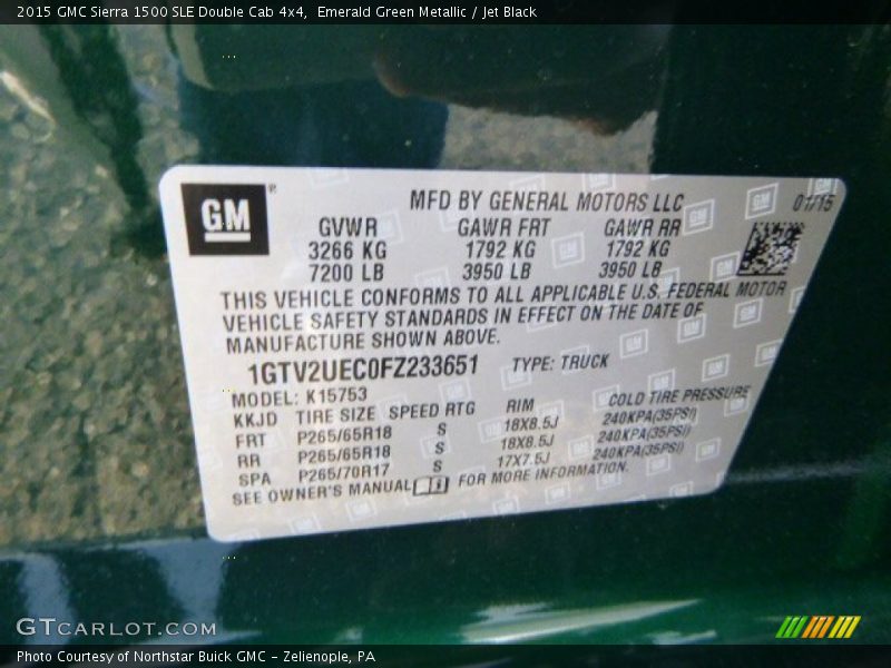 Emerald Green Metallic / Jet Black 2015 GMC Sierra 1500 SLE Double Cab 4x4